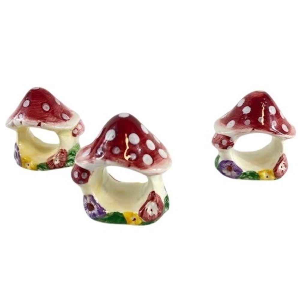 Set of 3 Ceramic Mushroom Napkin Holders Red White Polka Dot Fairy Garden Decor